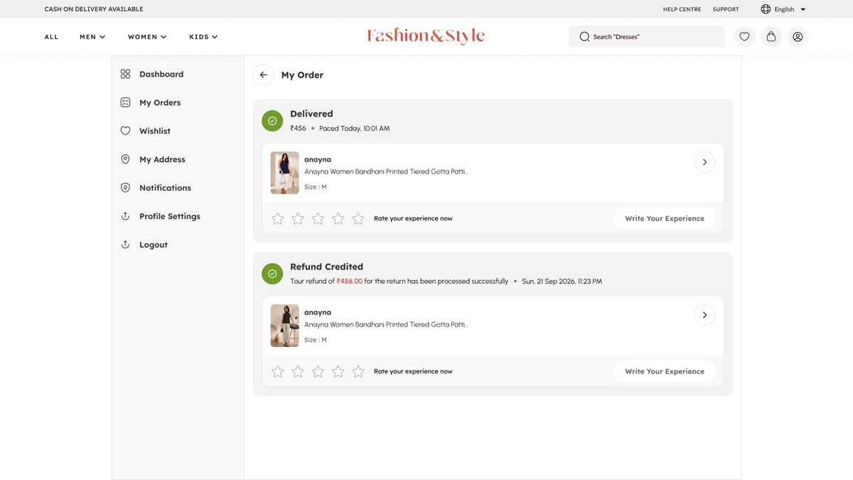 Fashion web platform — My Orders