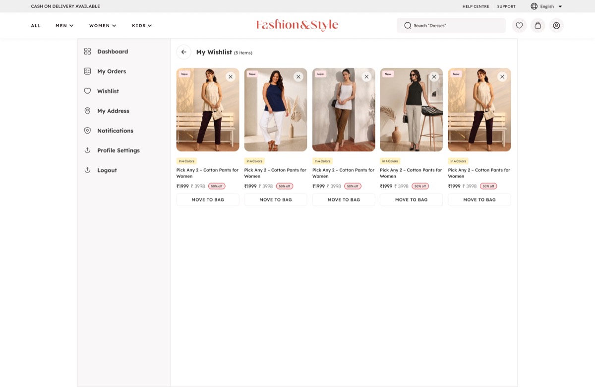 Fashion web platform — Wishlist