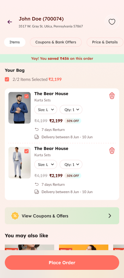 Fashion app screen — cart