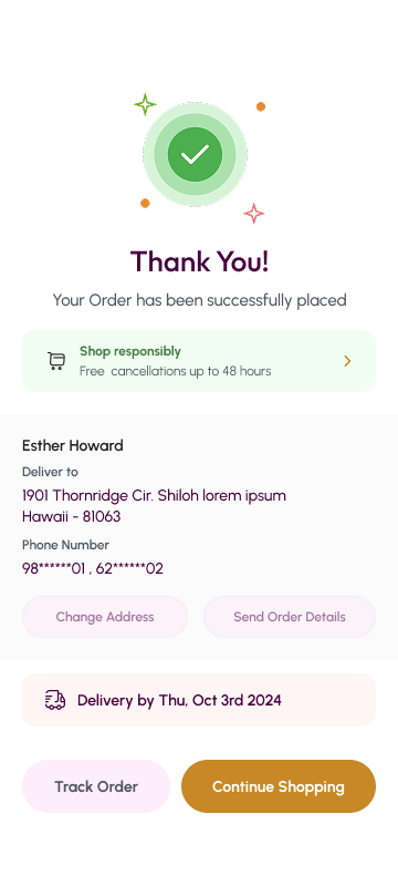 Fashion app screen — order success