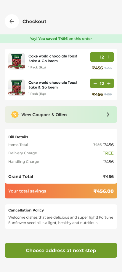 Grocery app screen — cart