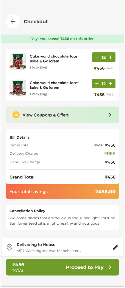 Grocery app screen — checkout