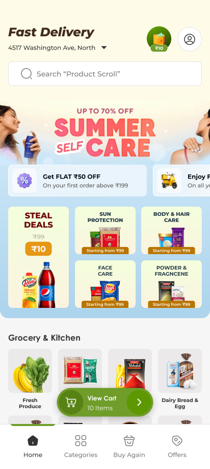 Grocery app screen — home screen