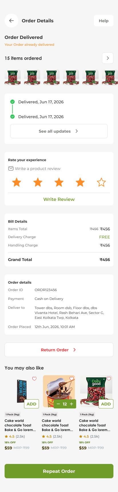 Grocery app screen — order details