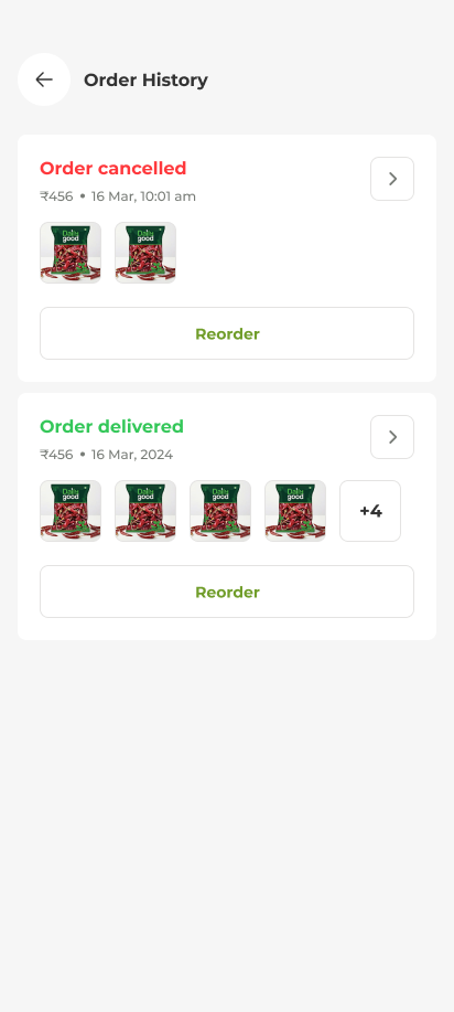 Grocery app screen — orders