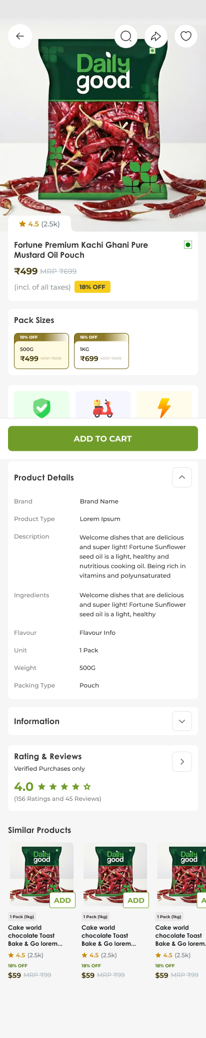 Grocery app screen — product details