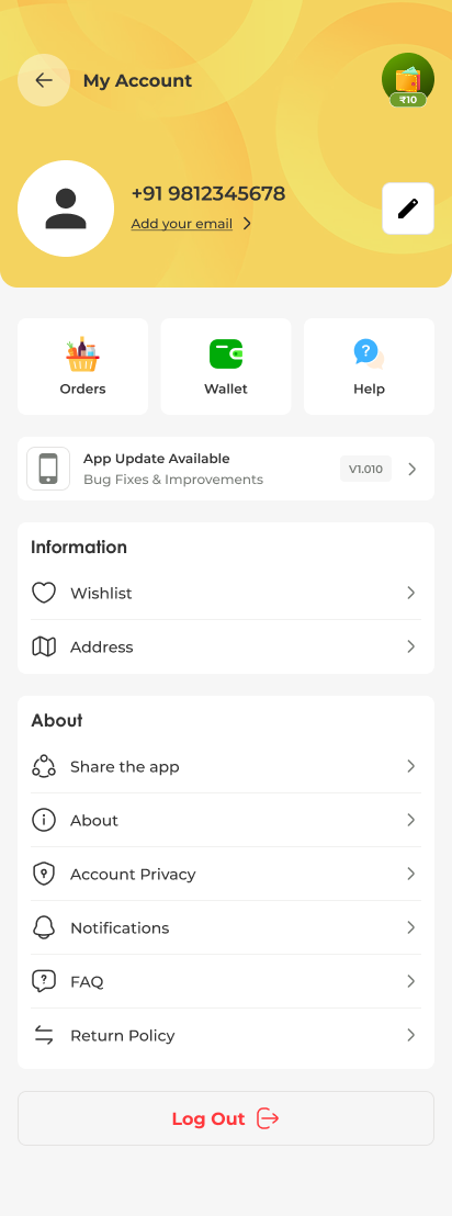 Grocery app screen — profile