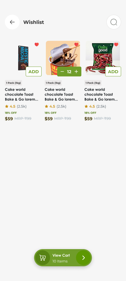 Grocery app screen — wishlist